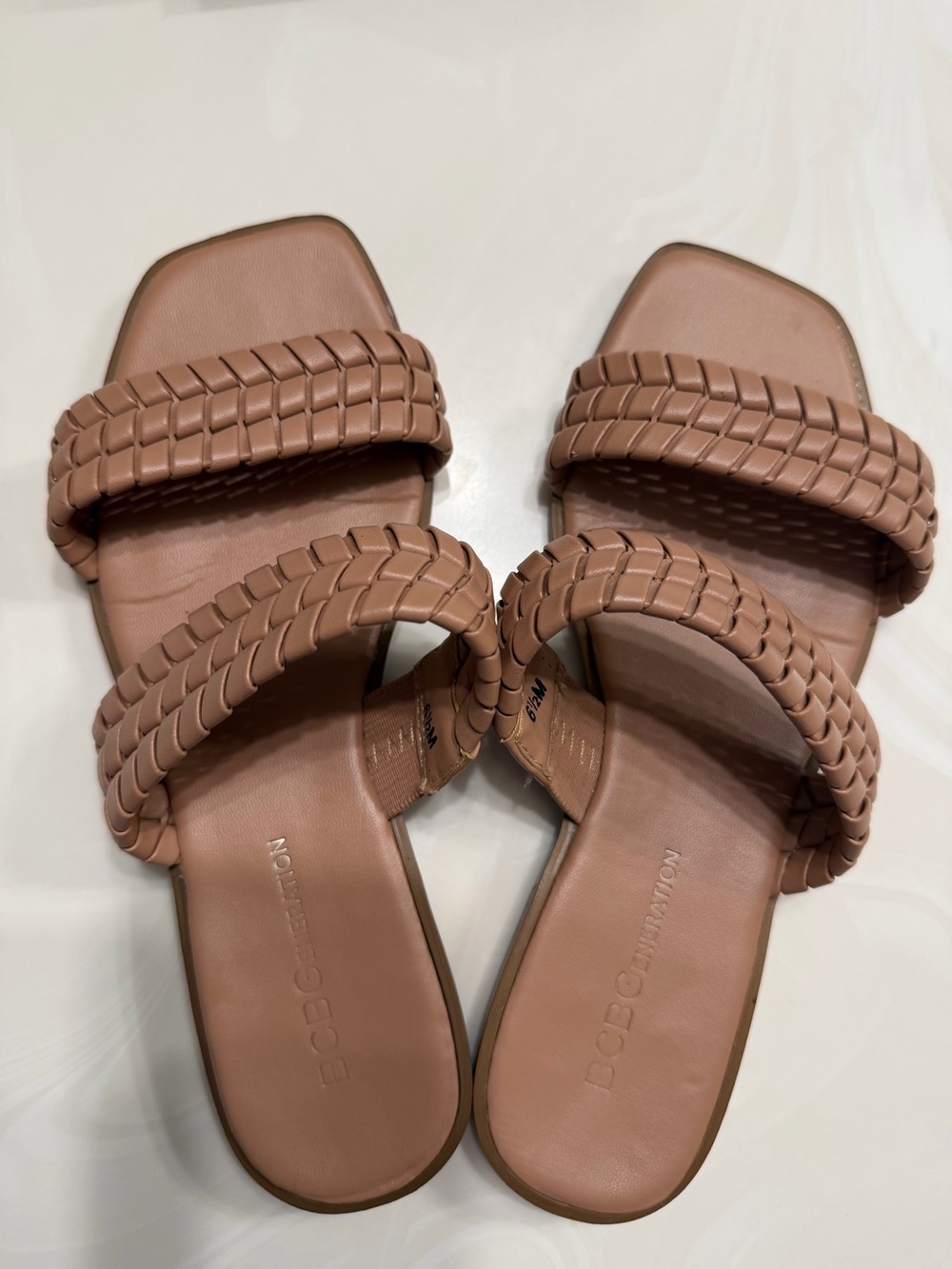 BCBGeneration Braided Double-Strap Slide Sandals in Brown